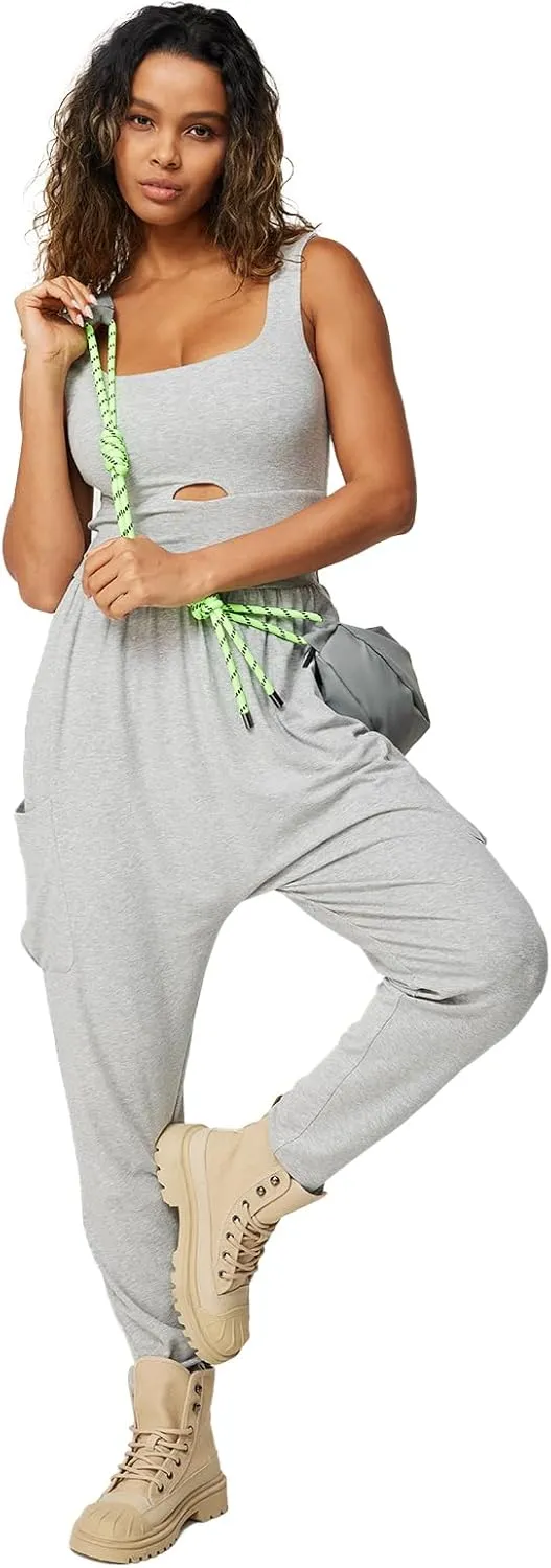 Casei Jumpsuits for Women Casual Summer Rompers Sleeveless Loose Strap Baggy Overalls Yoga Harem Jumpers with Pockets
