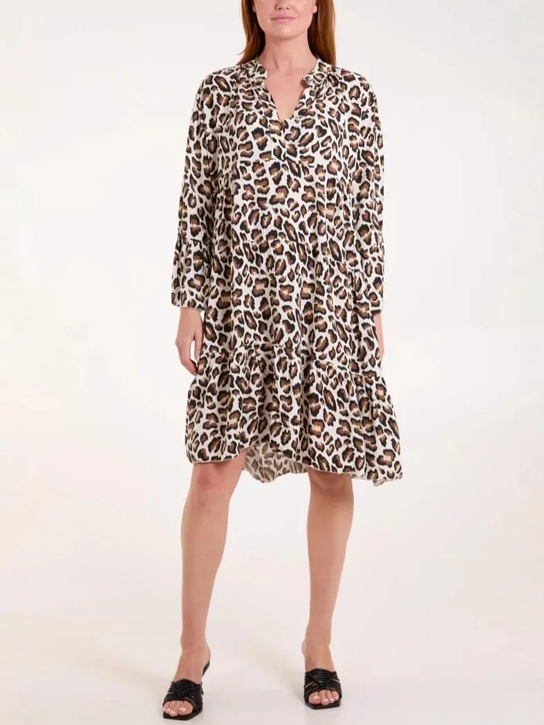 chouyatou Women's Boho Leopard Print Ruffle Hem Midi Dress Bell Long Sleeve Babydoll Tunic Short Dress