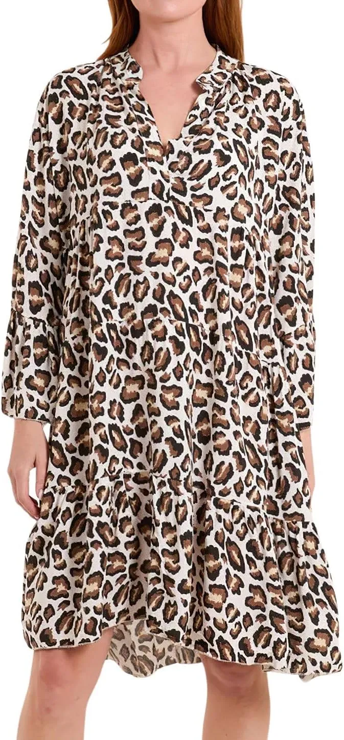 chouyatou Women's Boho Leopard Print Ruffle Hem Midi Dress Bell Long Sleeve Babydoll Tunic Short Dress