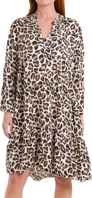 chouyatou Women's Boho Leopard Print Ruffle Hem Midi Dress Bell Long Sleeve Babydoll Tunic Short Dress