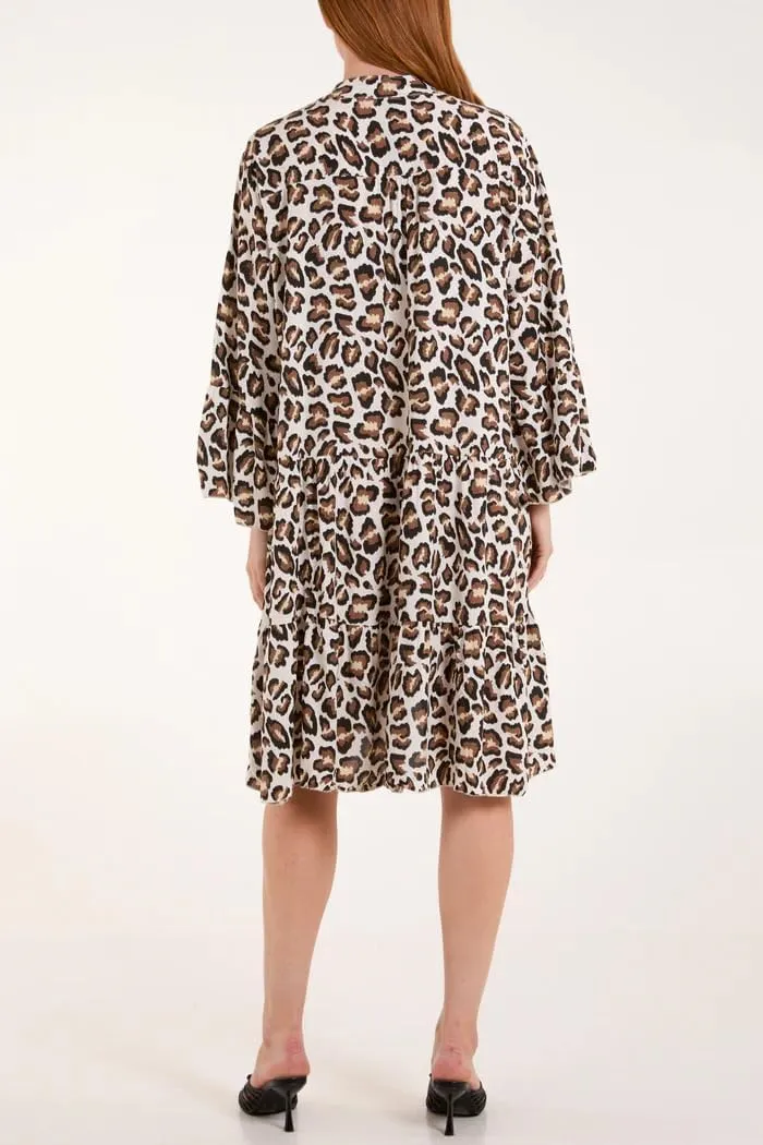 chouyatou Women's Boho Leopard Print Ruffle Hem Midi Dress Bell Long Sleeve Babydoll Tunic Short Dress