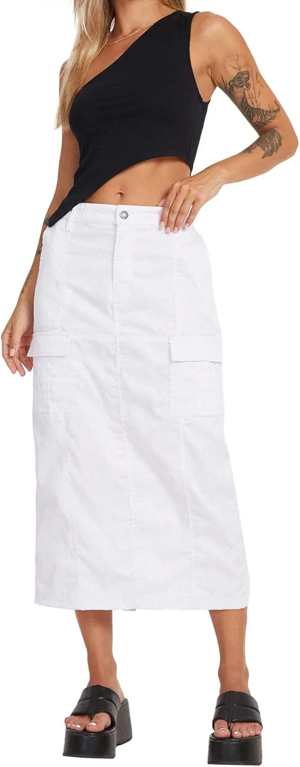 chouyatou Womens Summer Fashion Long Y2k Cargo Skirt A-Line Midi Skirt with Cargo Pockets