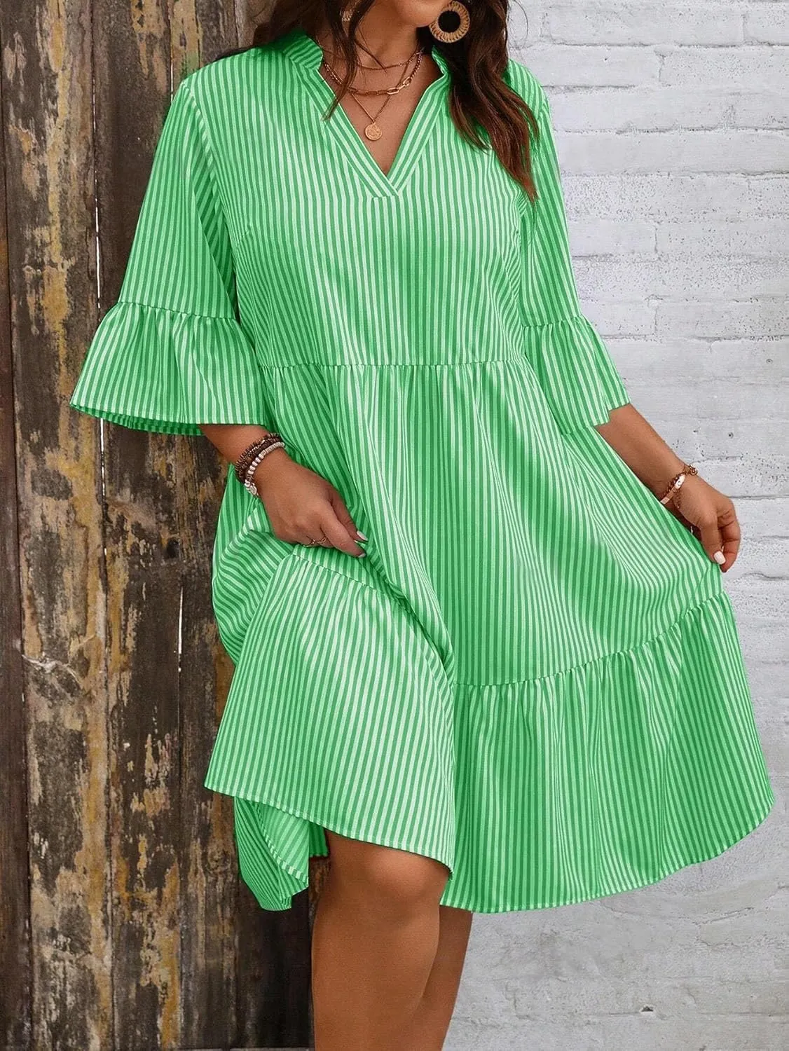 chouyatou Women's Summer Striped Babydoll Ruffle Mini Dress Casual Loose Fit Short Sleeve Tiered Party Dress