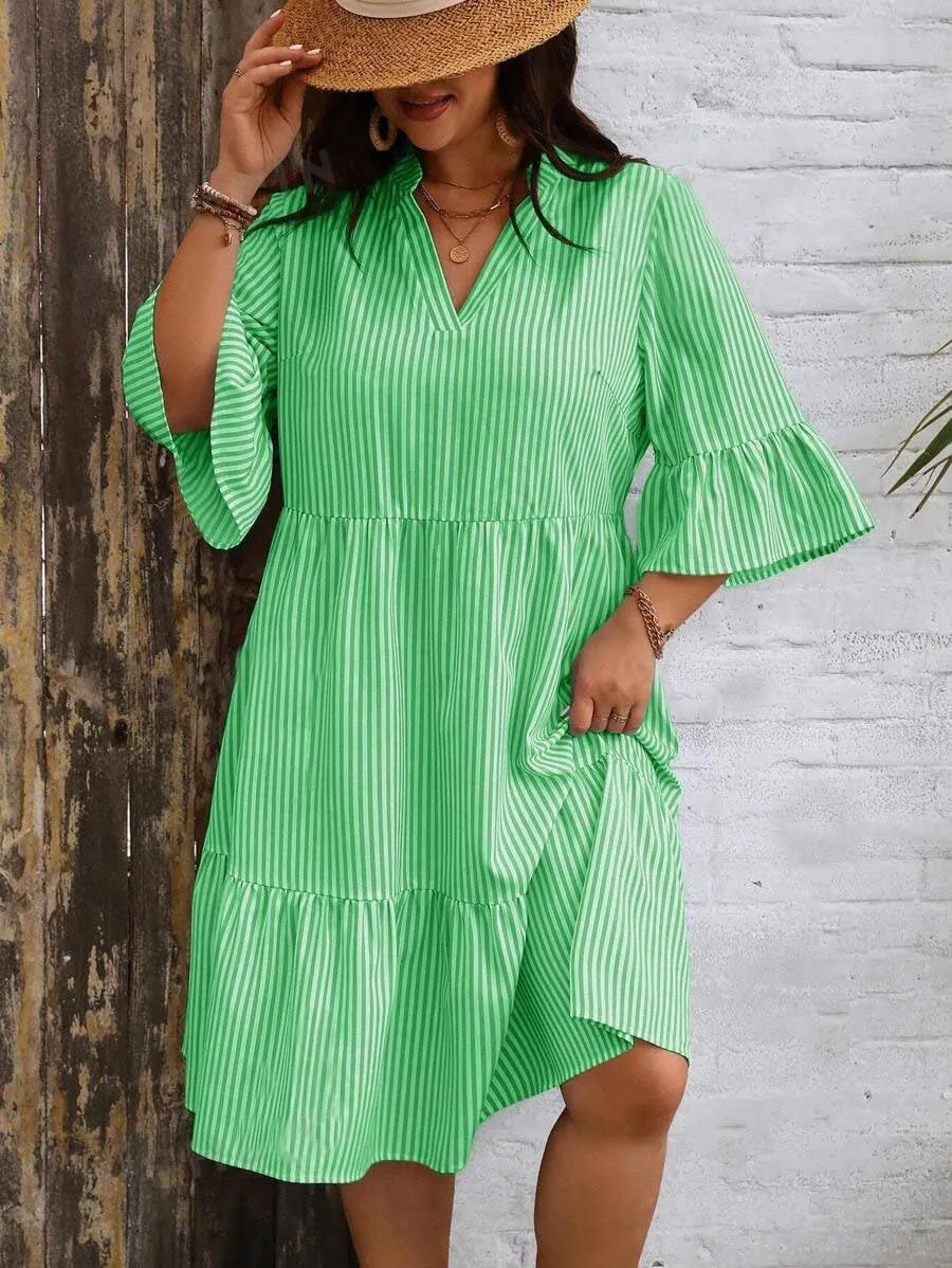 chouyatou Women's Summer Striped Babydoll Ruffle Mini Dress Casual Loose Fit Short Sleeve Tiered Party Dress
