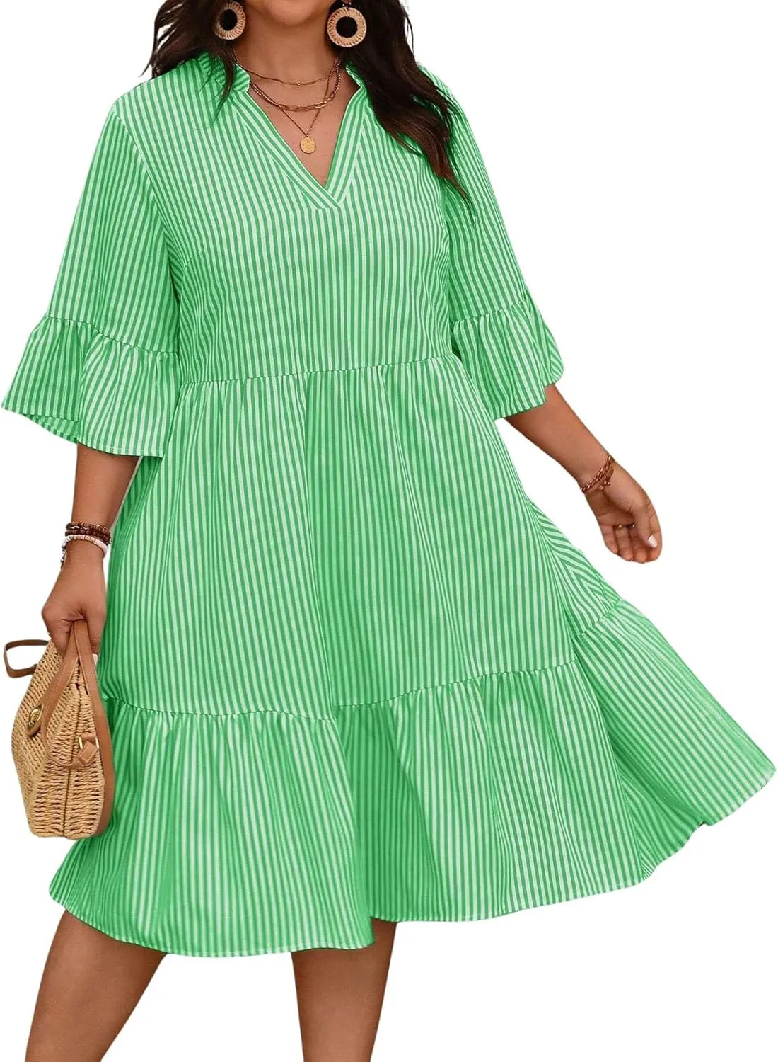 chouyatou Women's Summer Striped Babydoll Ruffle Mini Dress Casual Loose Fit Short Sleeve Tiered Party Dress
