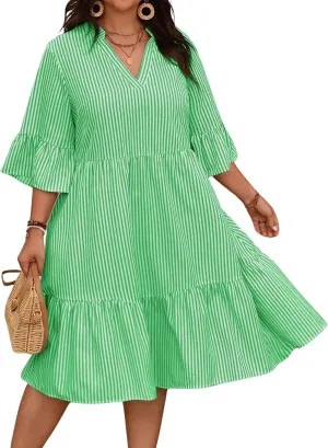 chouyatou Women's Summer Striped Babydoll Ruffle Mini Dress Casual Loose Fit Short Sleeve Tiered Party Dress