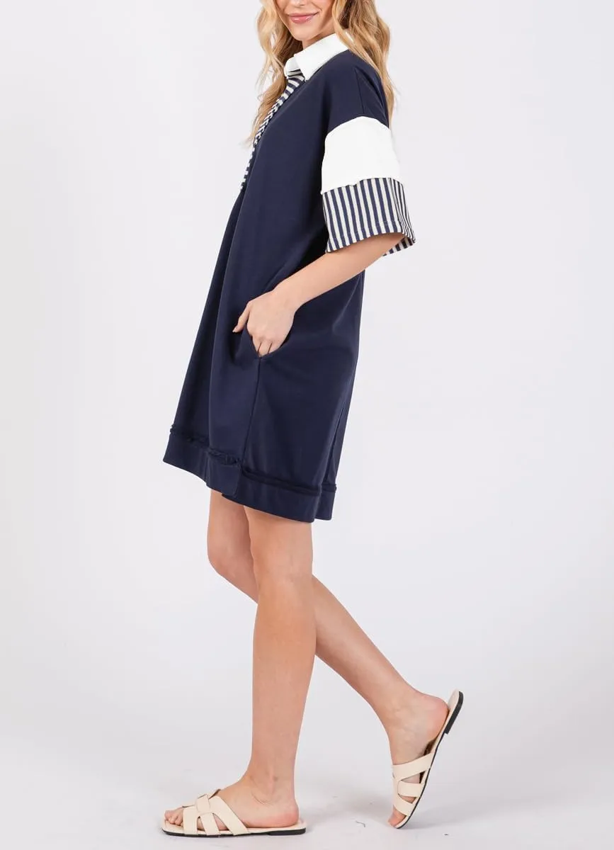 chouyatou Women's Summer V-Neck Polo Collared Mini Dress Loose Casual Striped Splicing T-Shirt Dress