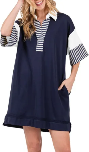 chouyatou Women's Summer V-Neck Polo Collared Mini Dress Loose Casual Striped Splicing T-Shirt Dress