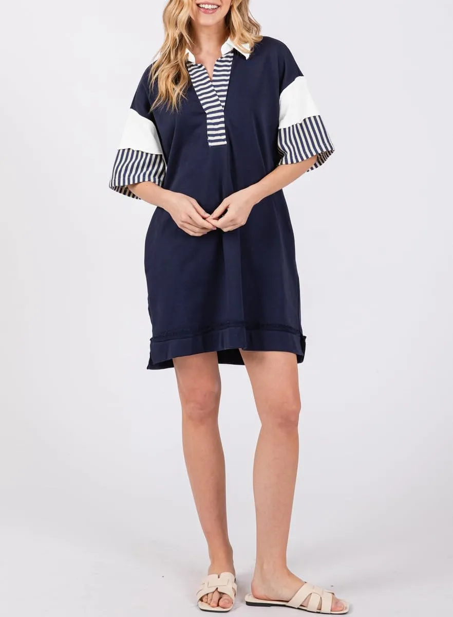 chouyatou Women's Summer V-Neck Polo Collared Mini Dress Loose Casual Striped Splicing T-Shirt Dress