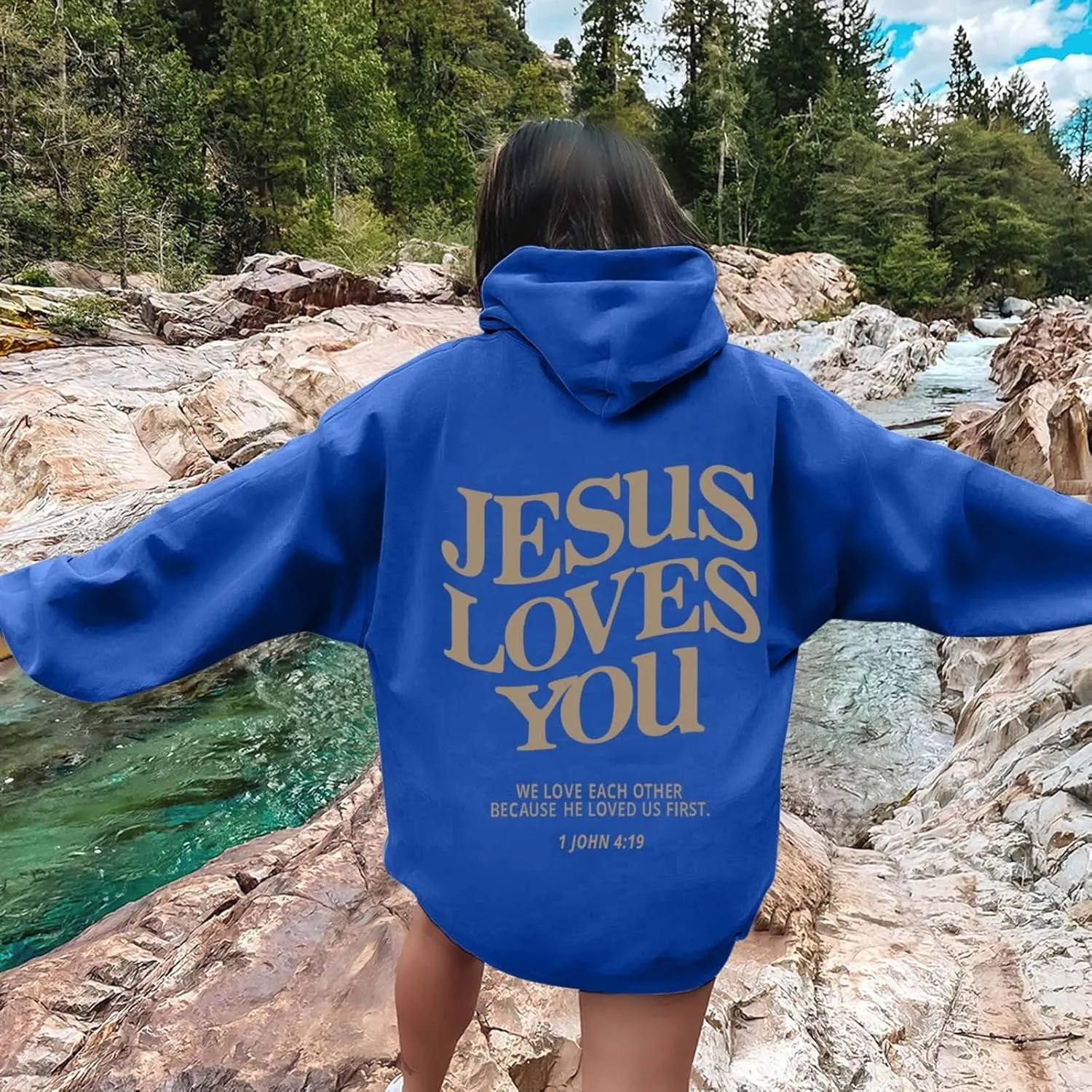 Christian Hoodie Women Jesus Loves You Letter Graphic Y2K Preppy Oversized Sweatshirt Long Sleeve Fall Pullover Tops