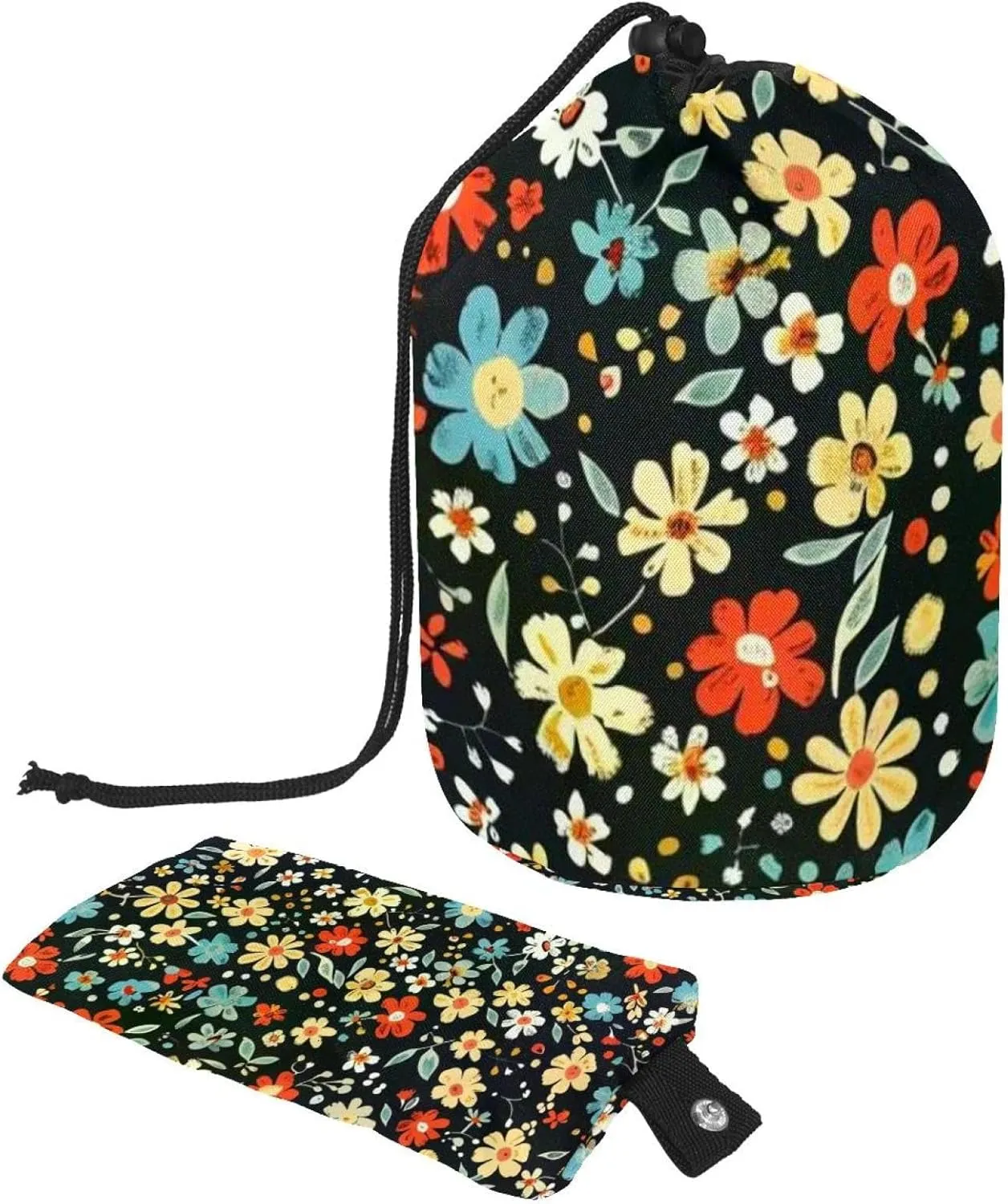 Colorful Florals Print Travel Cosmetic Bags Makeup Bag for Women, Foldable Drawstring Travel Cosmetic Bags, Portable Toiletry Bucket Bag