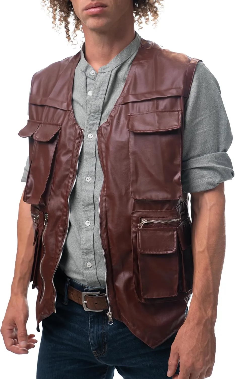 ComfyCamper Jurassic Dinosaur Wrangler Vest for Adults - Mens Womens Brown Leather Costume World Park Utility