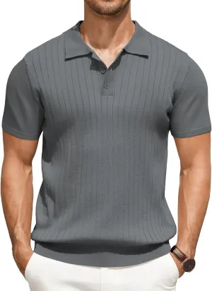 COOFANDY Men's Polo Shirts Short Sleeve Ribbed Knit Polo T Shirts Business Casual Golf Shirt Collar T Shirt Grey