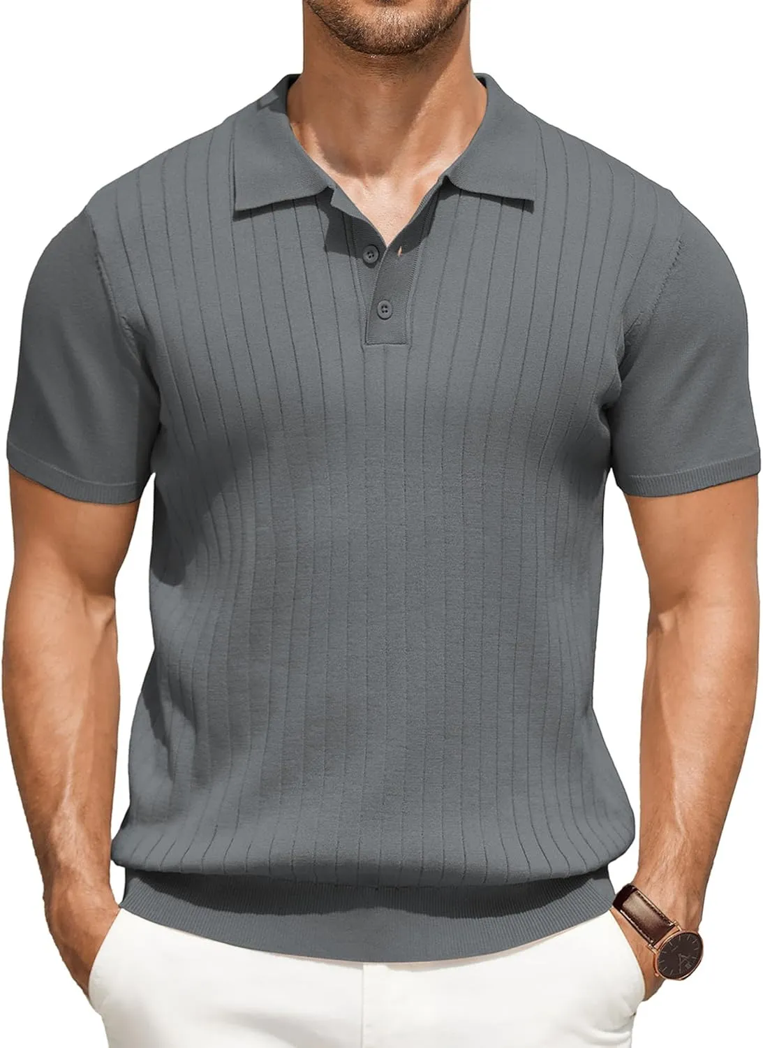 COOFANDY Men's Polo Shirts Short Sleeve Ribbed Knit Polo T Shirts Business Casual Golf Shirt Collar T Shirt Grey