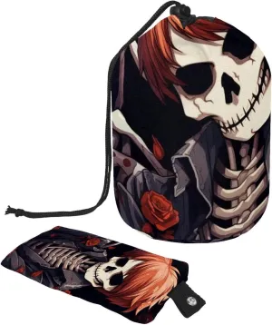 Cool Red Rose Skull Travel Cosmetic Bags Makeup Bag for Women, Foldable Drawstring Travel Cosmetic Bags, Portable Toiletry Bucket Bag