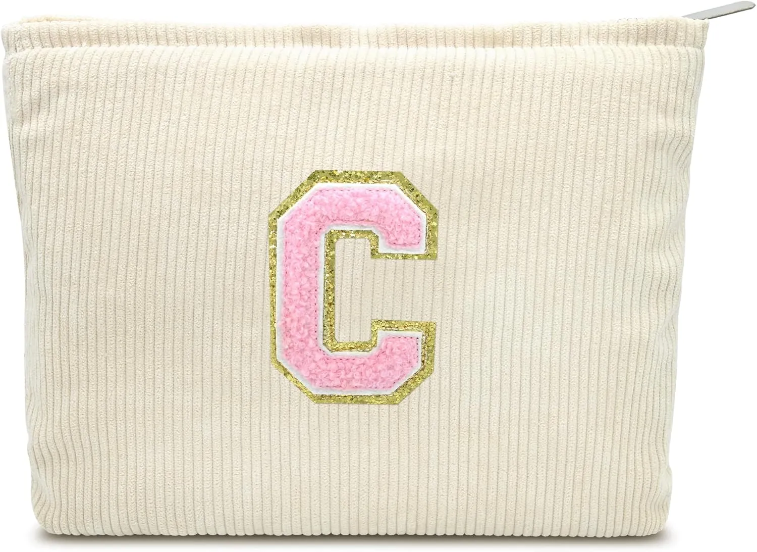 Corduroy Makeup Bag Cosmestic Bag Large Capacity Ladies Women Aesthetic Travel Make Up Organizer Accessories Zipper Pouch Purse with Letter C