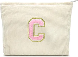 Corduroy Makeup Bag Cosmestic Bag Large Capacity Ladies Women Aesthetic Travel Make Up Organizer Accessories Zipper Pouch Purse with Letter C