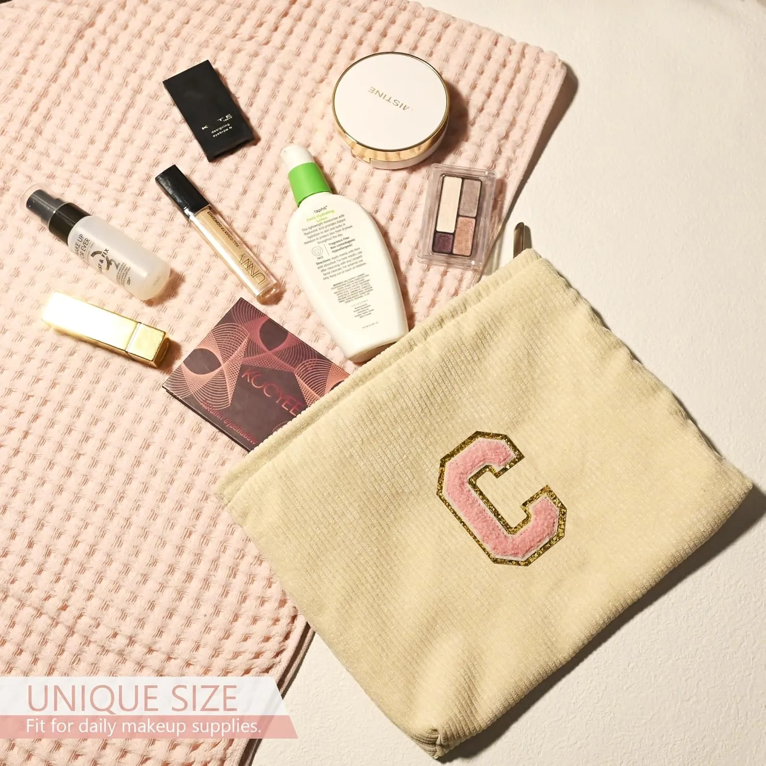 Corduroy Makeup Bag Cosmestic Bag Large Capacity Ladies Women Aesthetic Travel Make Up Organizer Accessories Zipper Pouch Purse with Letter C
