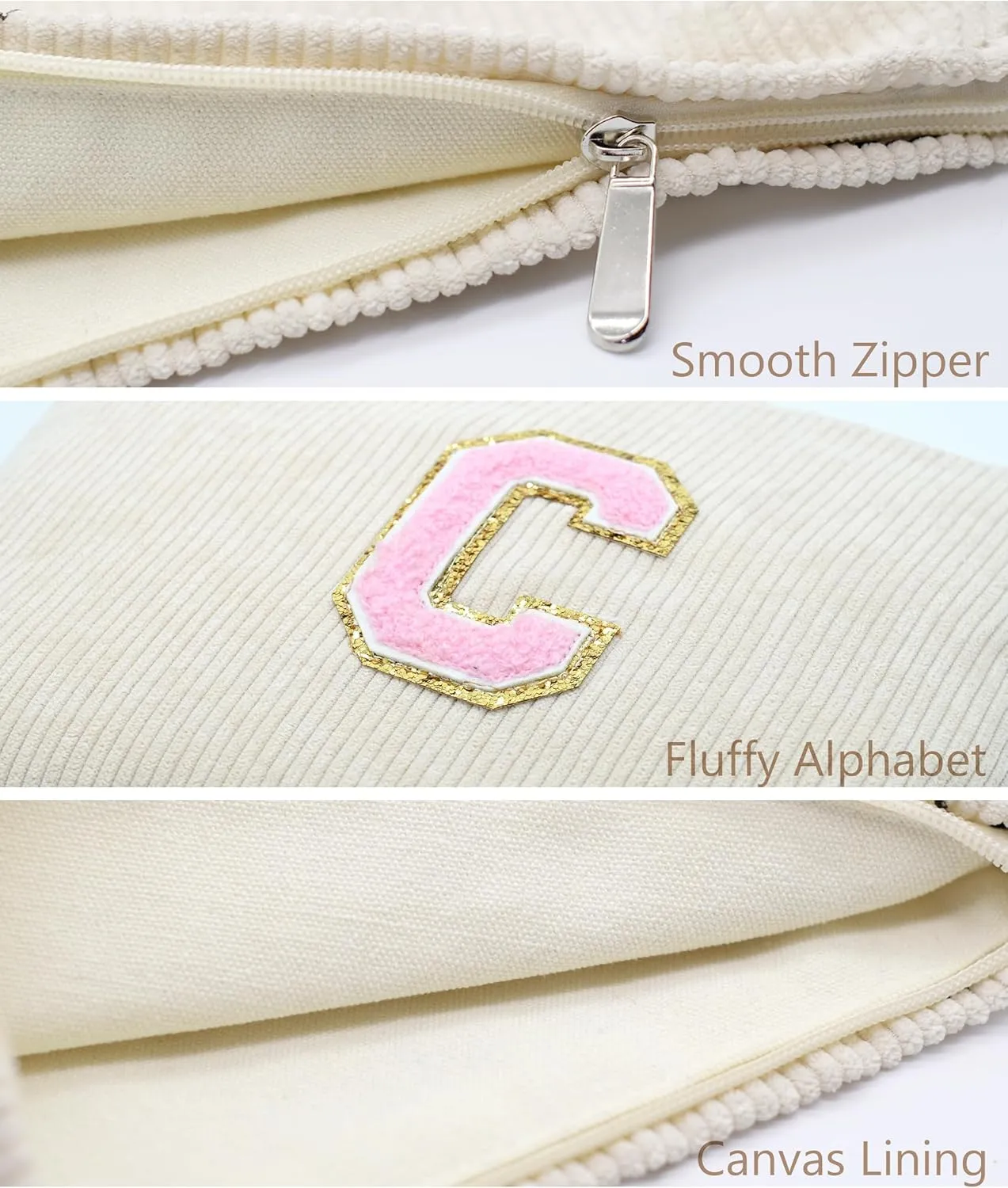Corduroy Makeup Bag Cosmestic Bag Large Capacity Ladies Women Aesthetic Travel Make Up Organizer Accessories Zipper Pouch Purse with Letter C