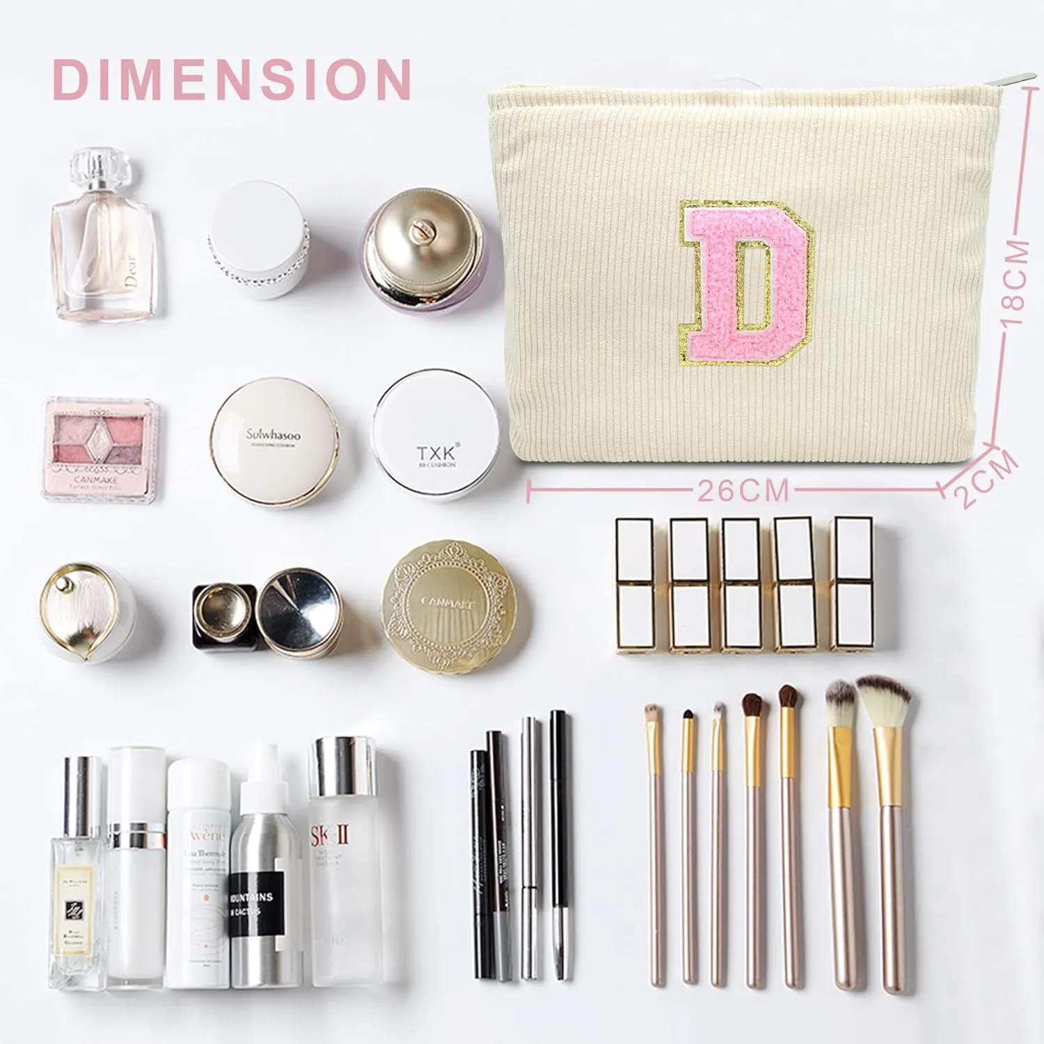 Corduroy Makeup Bag Cosmestic Bag Large Capacity Ladies Women Aesthetic Travel Make Up Organizer Accessories Zipper Pouch Purse with Letter D