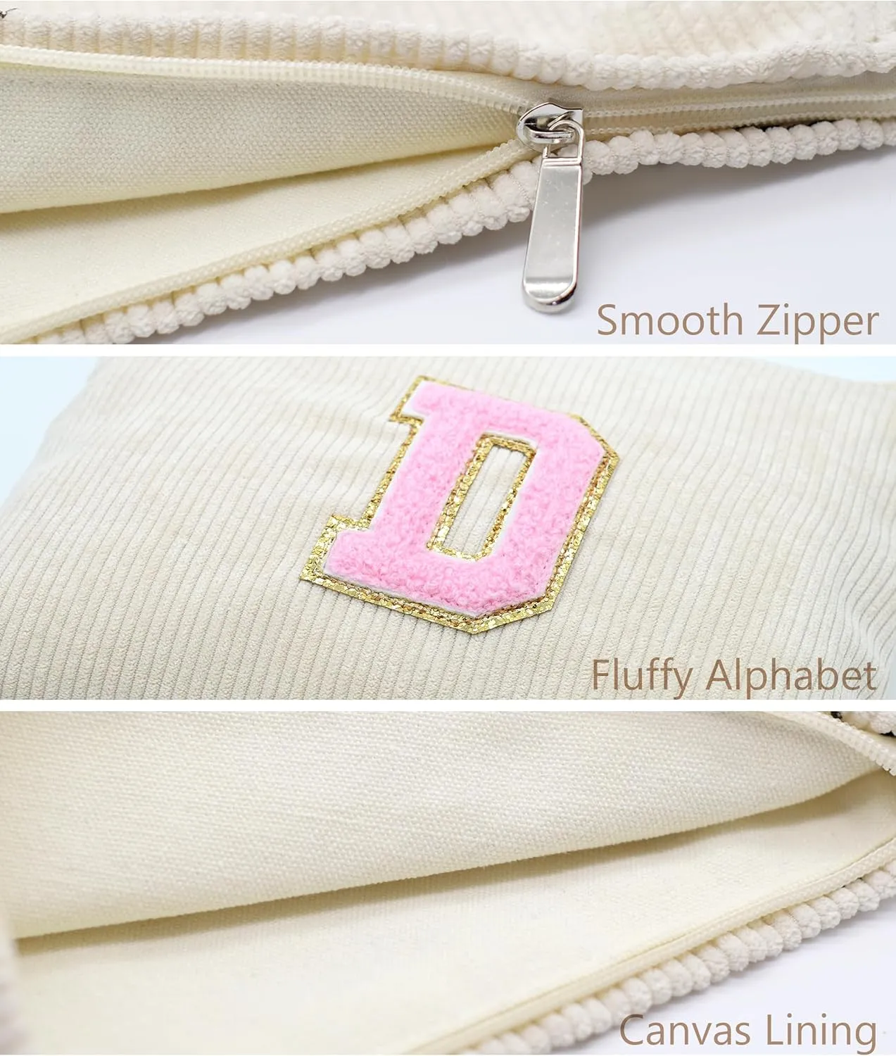 Corduroy Makeup Bag Cosmestic Bag Large Capacity Ladies Women Aesthetic Travel Make Up Organizer Accessories Zipper Pouch Purse with Letter D