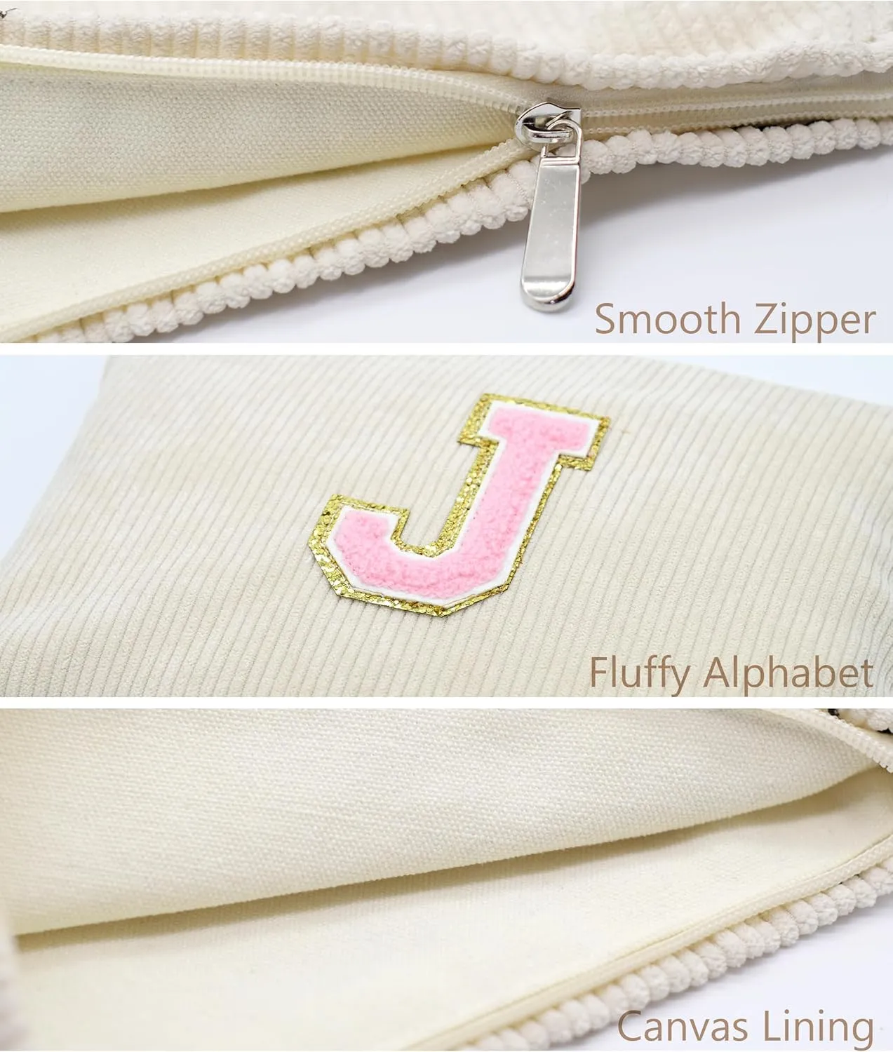 Corduroy Makeup Bag Cosmestic Bag Large Capacity Ladies Women Aesthetic Travel Make Up Organizer Accessories Zipper Pouch Purse with Letter J