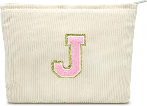Corduroy Makeup Bag Cosmestic Bag Large Capacity Ladies Women Aesthetic Travel Make Up Organizer Accessories Zipper Pouch Purse with Letter J