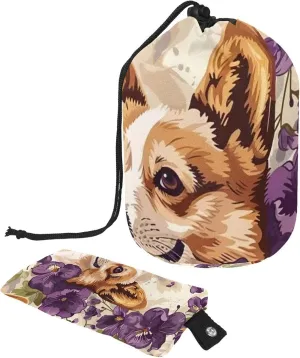 Corgi and Purple Flowers Travel Cosmetic Bags Makeup Bag for Women, Foldable Drawstring Travel Cosmetic Bags, Portable Toiletry Bucket Bag