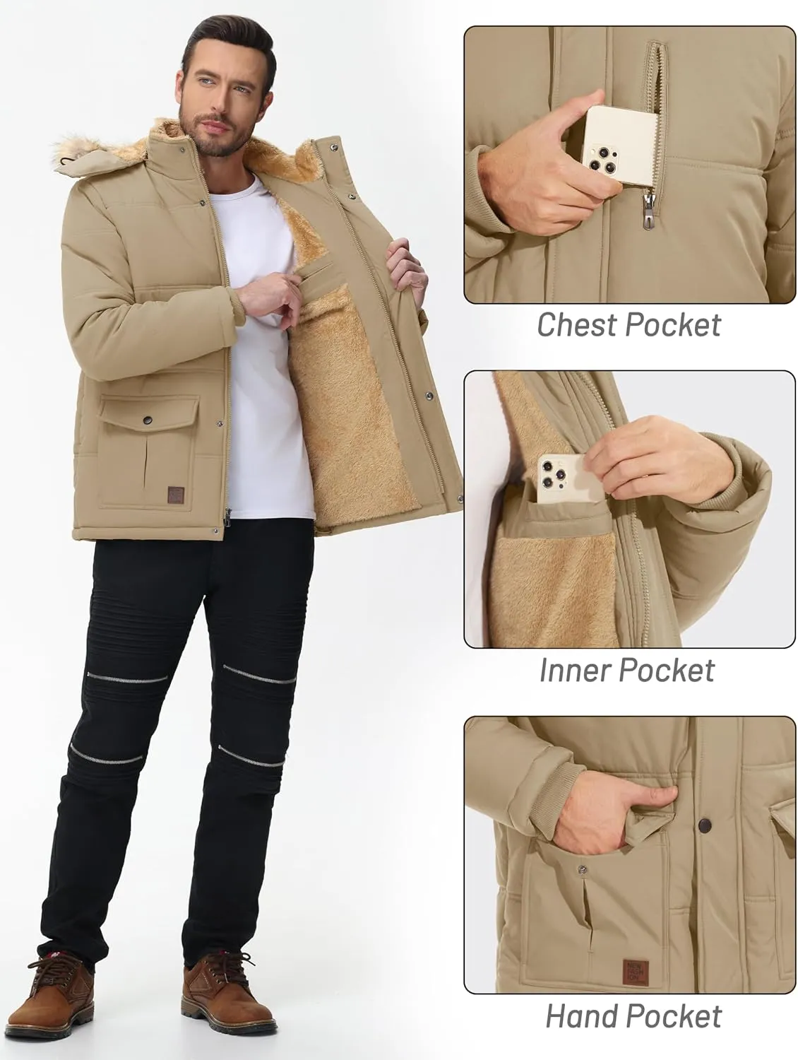 Cotrasen Mens Winter Jacket Thicken Warm Fleece Lined Hoodie Water Repellent Windproof Parka Winter Coat with Pockets