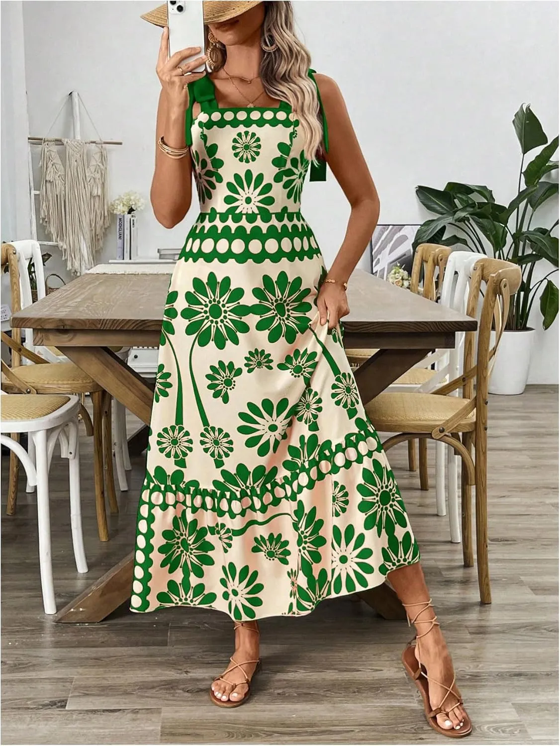 COZYEASE Women's Tie Shoulder Floral Boho Maxi Dress Sleeveless Smocked Vacation Summer Dress