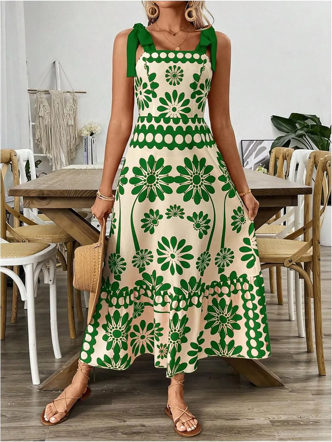 COZYEASE Women's Tie Shoulder Floral Boho Maxi Dress Sleeveless Smocked Vacation Summer Dress