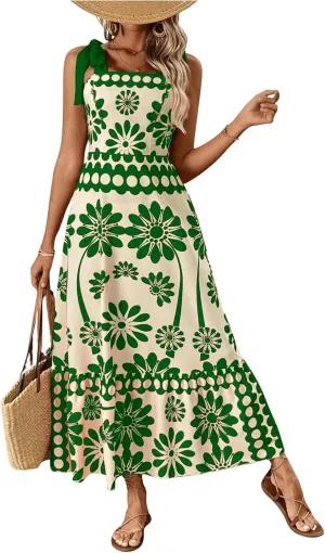 COZYEASE Women's Tie Shoulder Floral Boho Maxi Dress Sleeveless Smocked Vacation Summer Dress