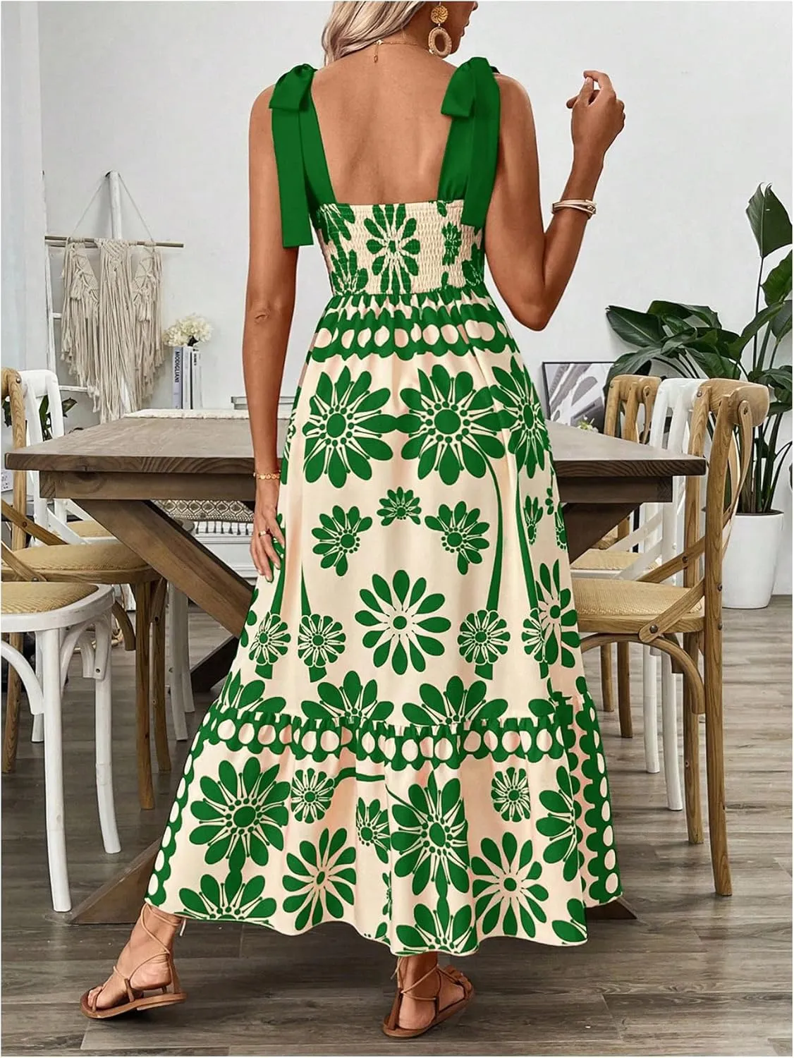 COZYEASE Women's Tie Shoulder Floral Boho Maxi Dress Sleeveless Smocked Vacation Summer Dress