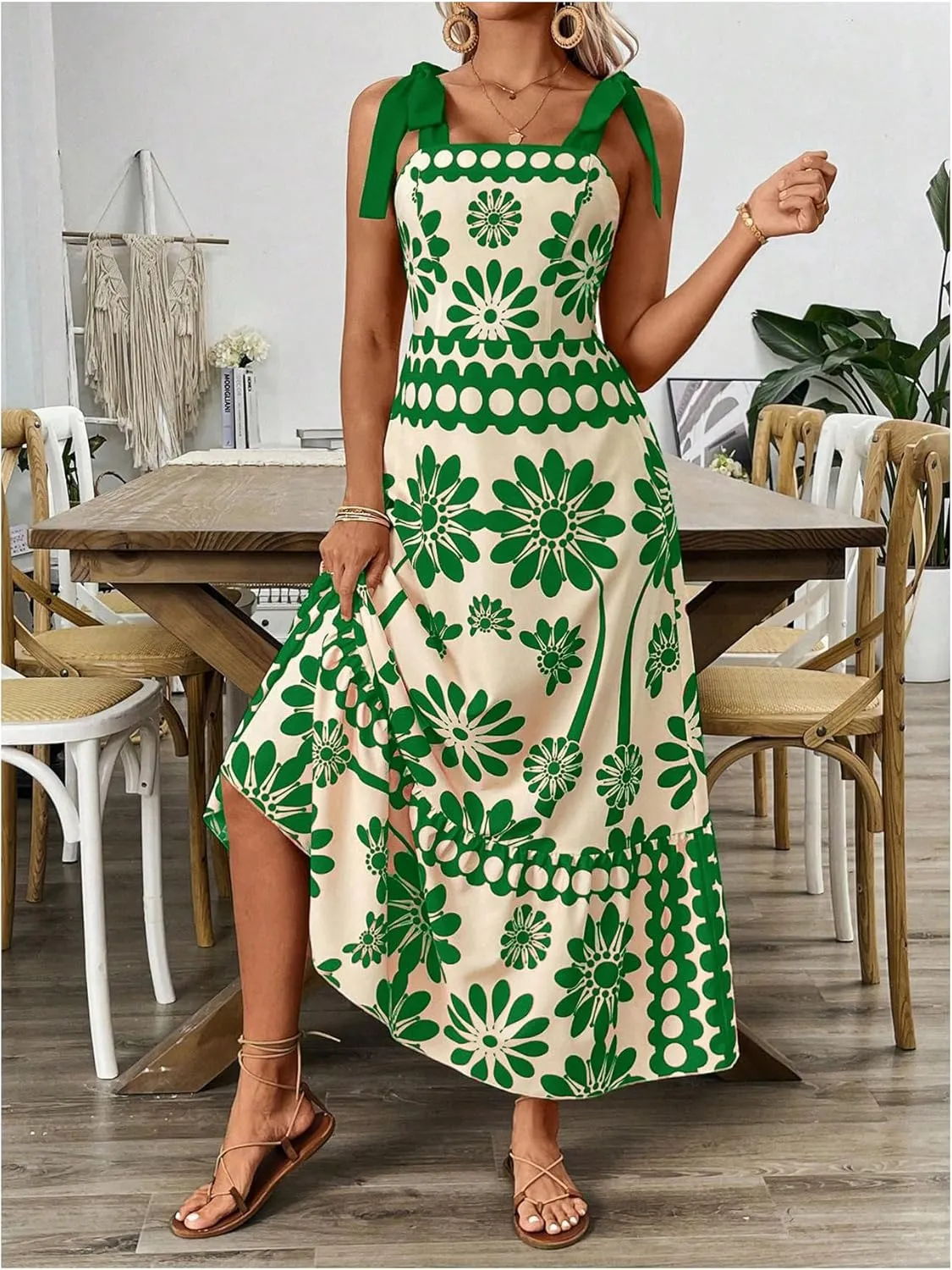 COZYEASE Women's Tie Shoulder Floral Boho Maxi Dress Sleeveless Smocked Vacation Summer Dress