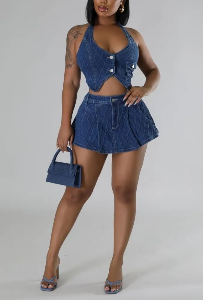 cu4eve Skirt Sets Women 2 Piece Outfits Sexy Summer Denim Halter Tank Tops and Jean Skort Party Club Night Dress