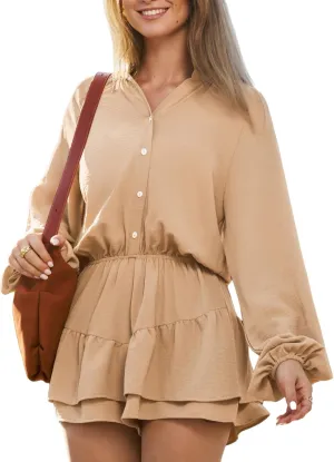 CUPSHE Women's Romper Long Sleeve Front Buttons Ruffled Wide Leg Mini Jumpsuit Outfit Casual Dressy