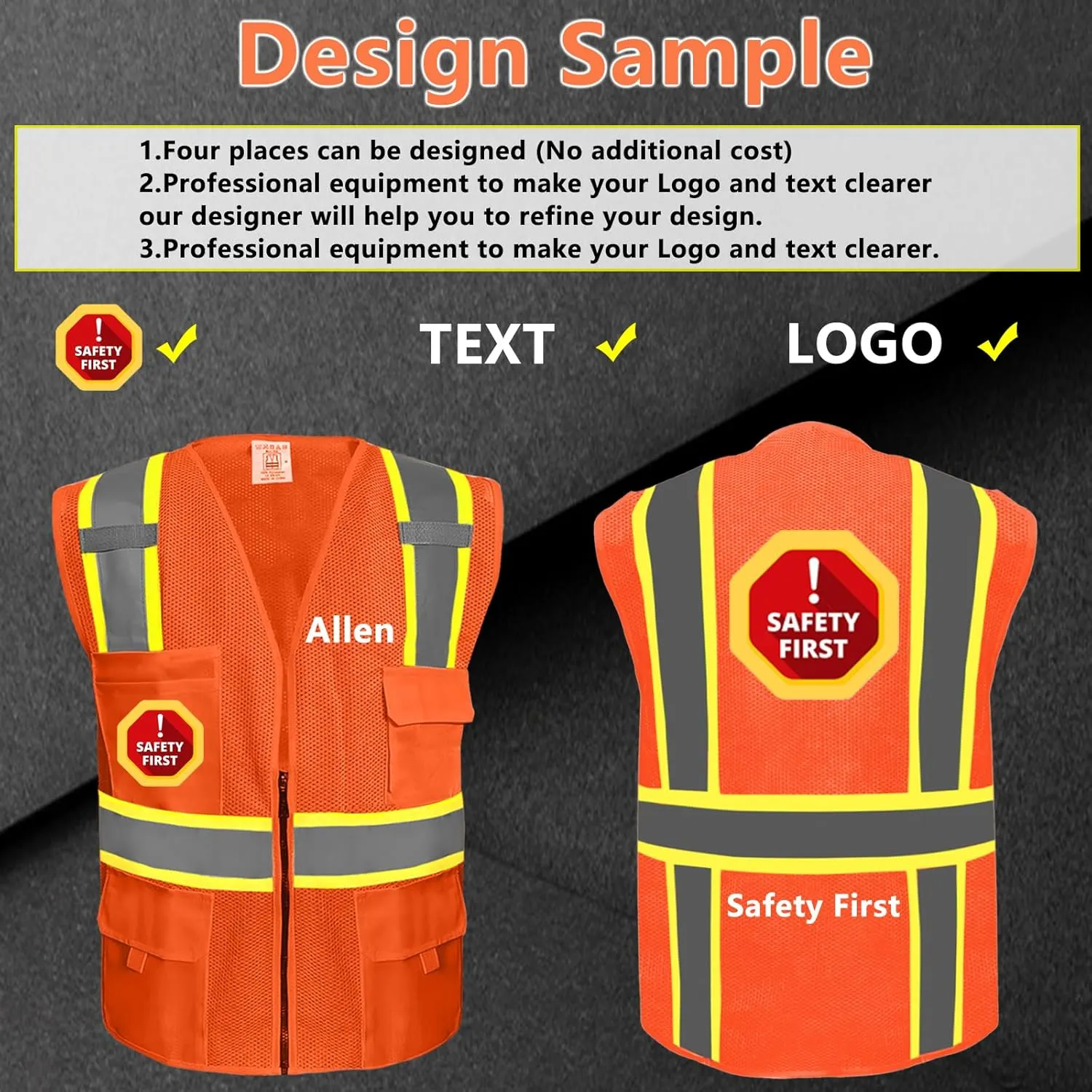 Custom Logo Safety Vest(S,M,L,XL,2XL,3XL,4XL) High Visibility Reflective Safety Vests Class 2