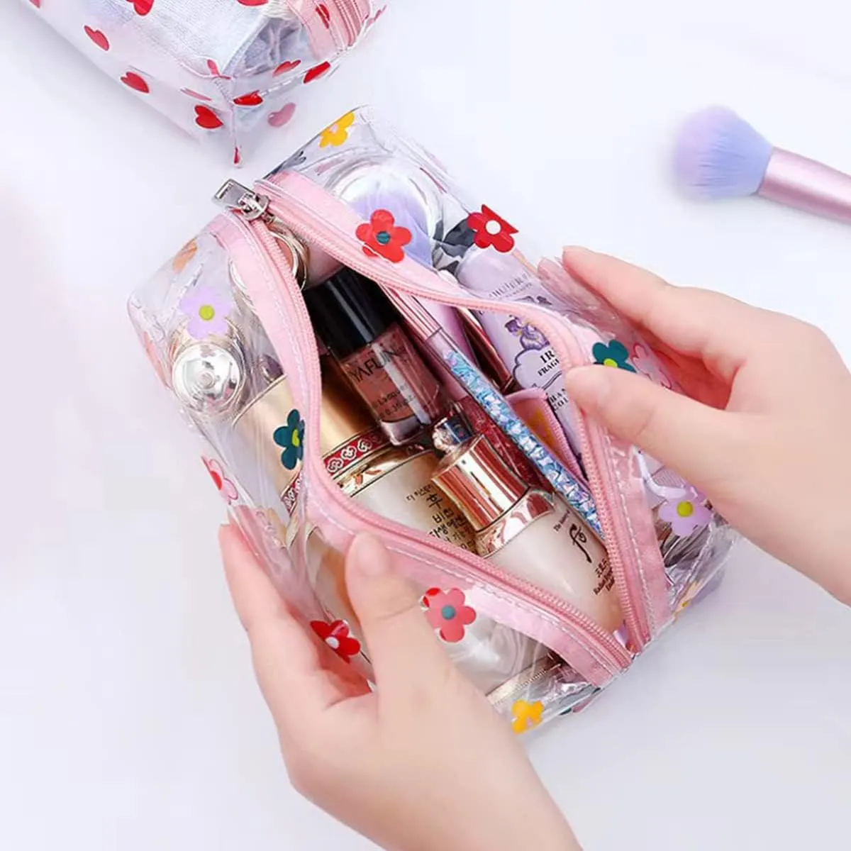 Cute makeup bag, transparent portable makeup bag, waterproof toiletries storage bag, large capacity pen bag (Colorful flowers)