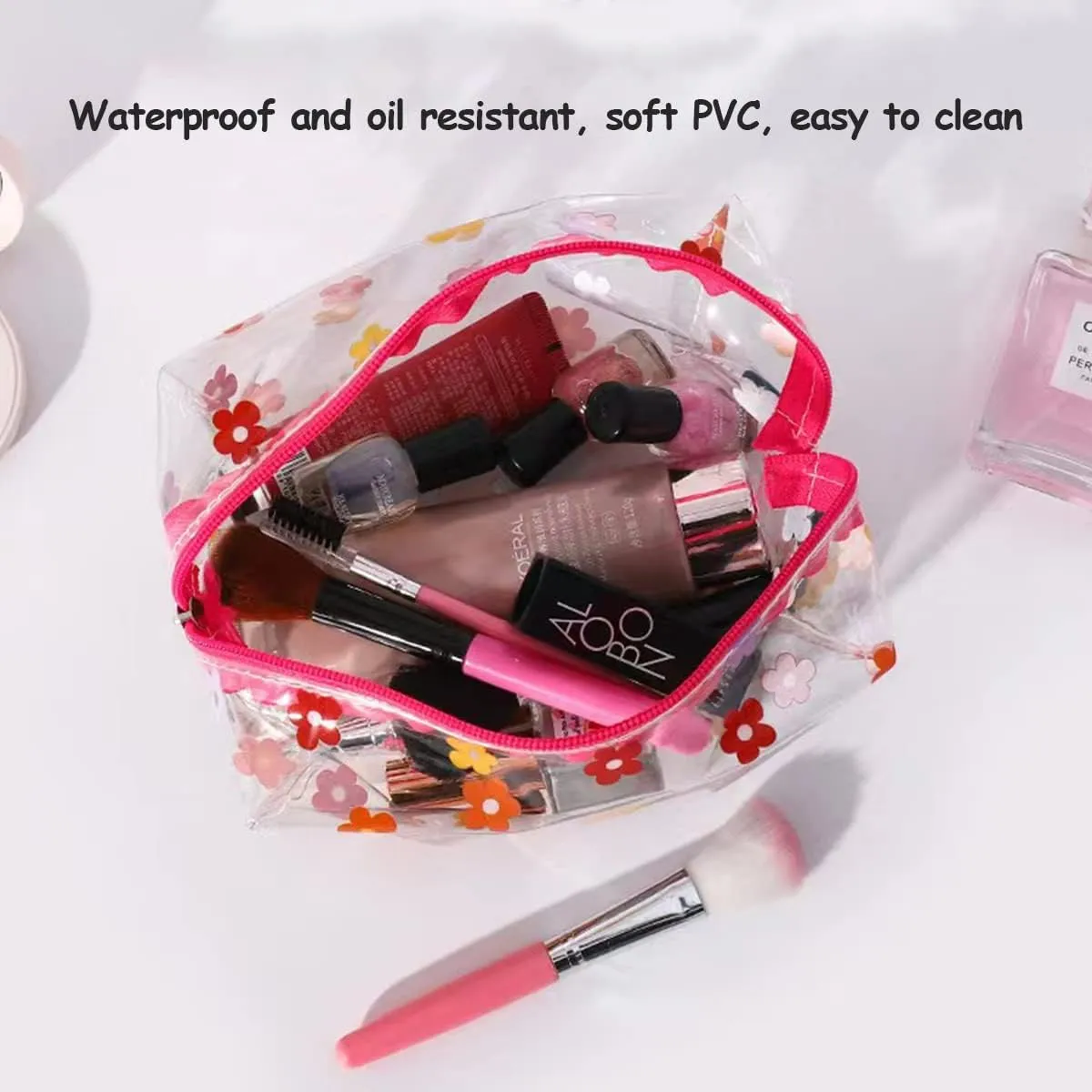 Cute makeup bag, transparent portable makeup bag, waterproof toiletries storage bag, large capacity pen bag (Colorful flowers)