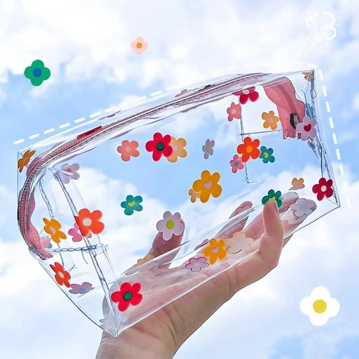 Cute makeup bag, transparent portable makeup bag, waterproof toiletries storage bag, large capacity pen bag (Colorful flowers)