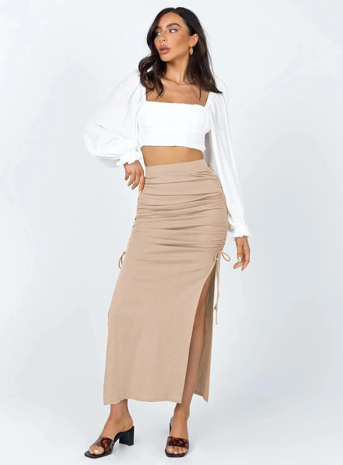 Daysskk Womens Skirts Midi Length Sweater Knit Skirt with Slit for Casual and & Work