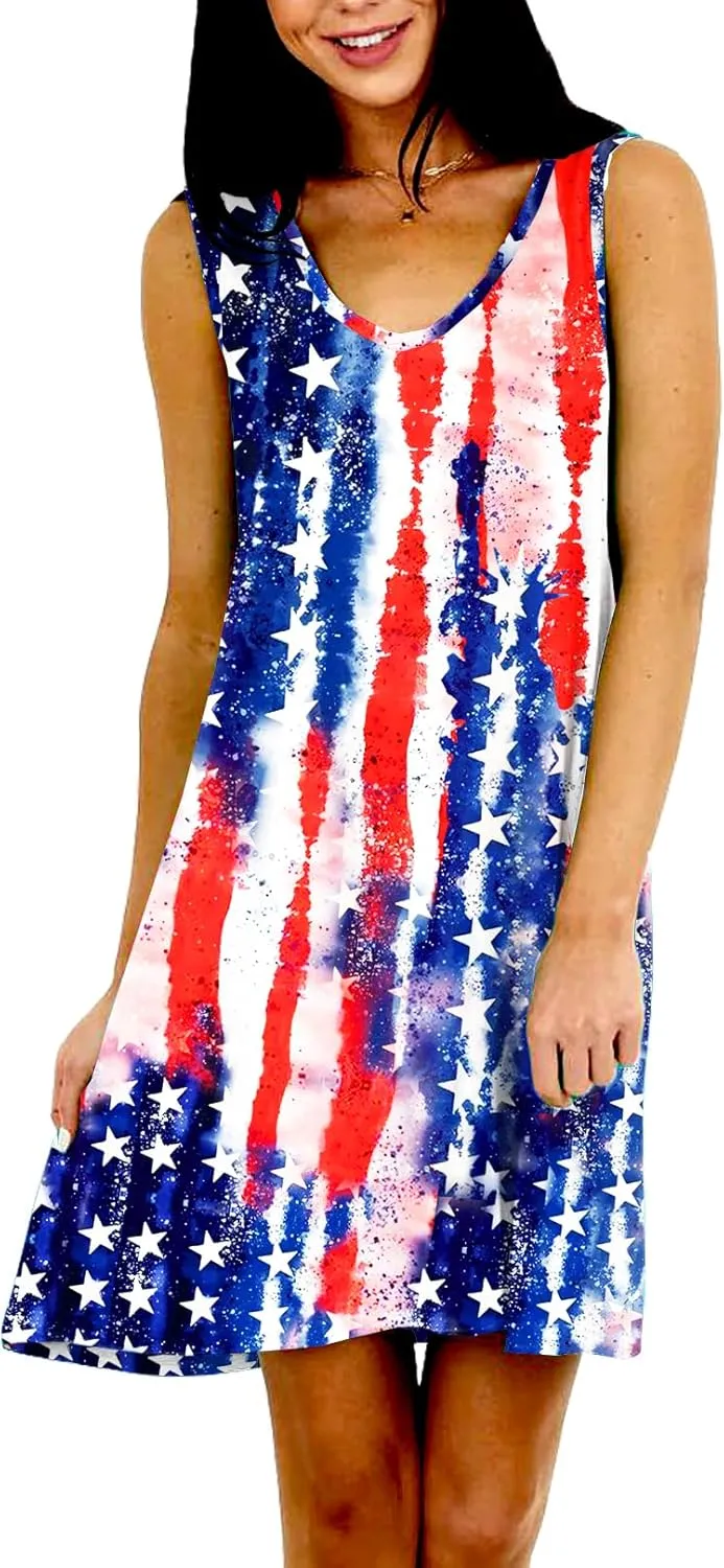 Deerose Women 4th of July Sleeeveless Dress Patriotic V Neck Tank Dresses with Pockets