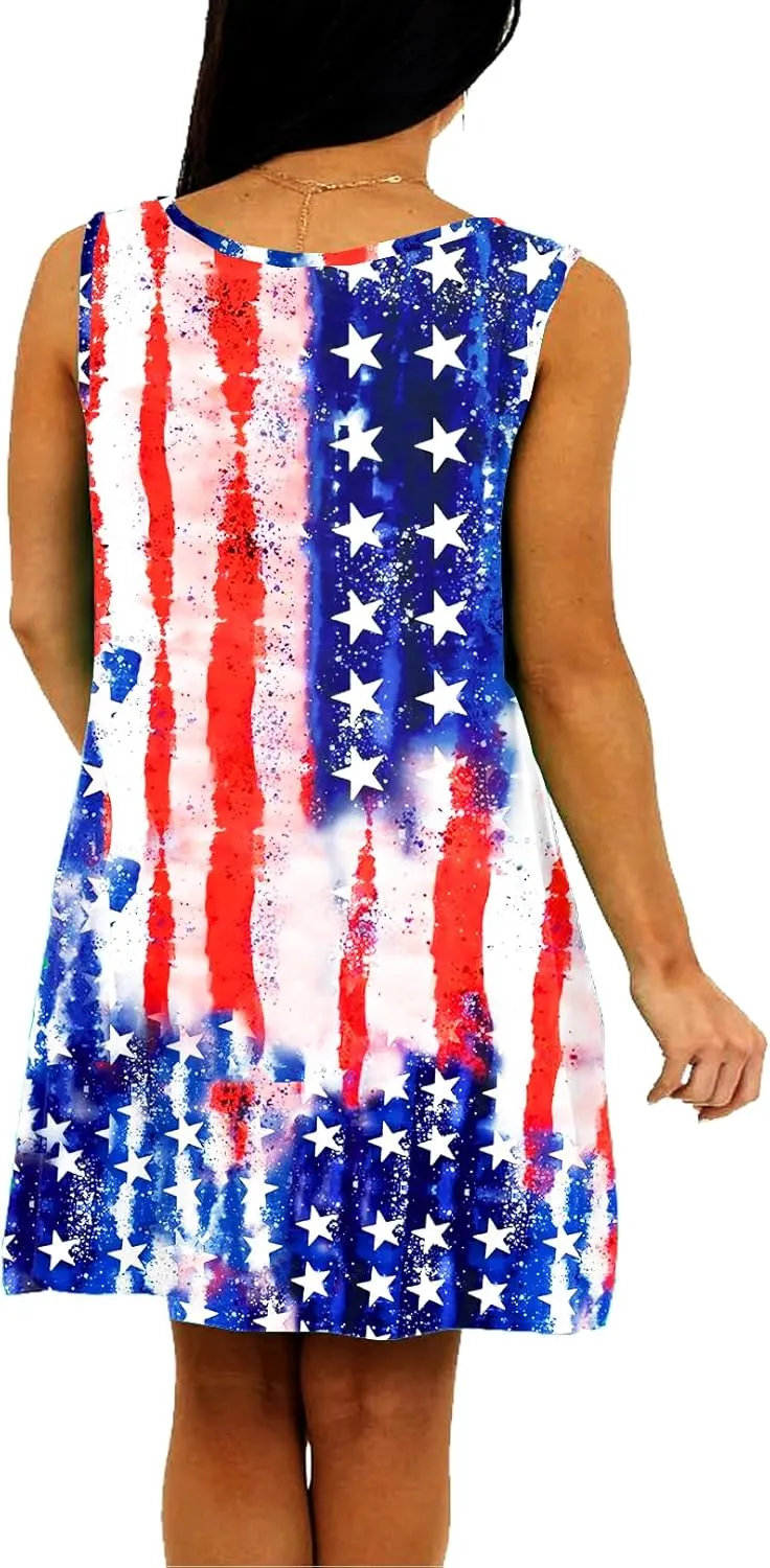 Deerose Women 4th of July Sleeeveless Dress Patriotic V Neck Tank Dresses with Pockets