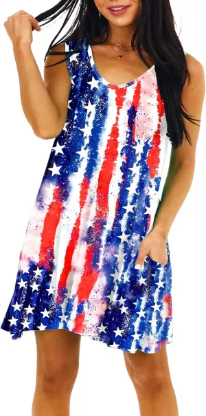 Deerose Women 4th of July Sleeeveless Dress Patriotic V Neck Tank Dresses with Pockets