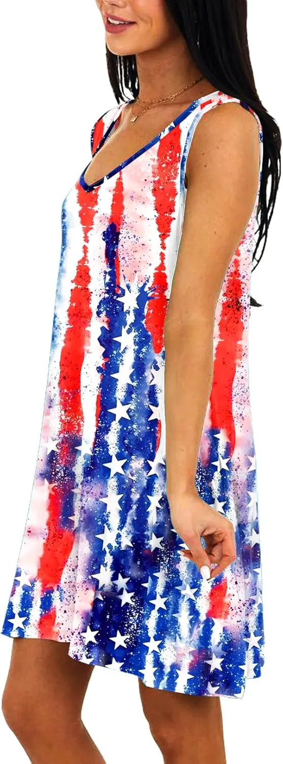 Deerose Women 4th of July Sleeeveless Dress Patriotic V Neck Tank Dresses with Pockets