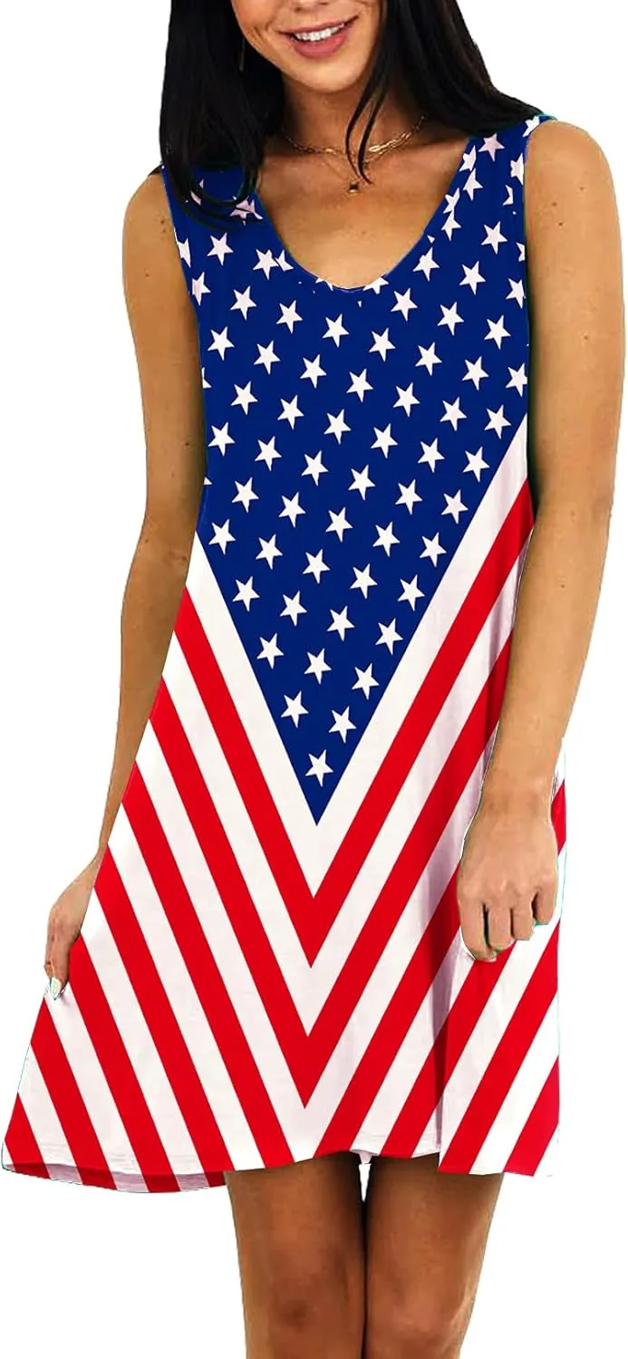 Deerose Women 4th of July Sleeeveless Dress Patriotic V Neck Tank Dresses with Pockets