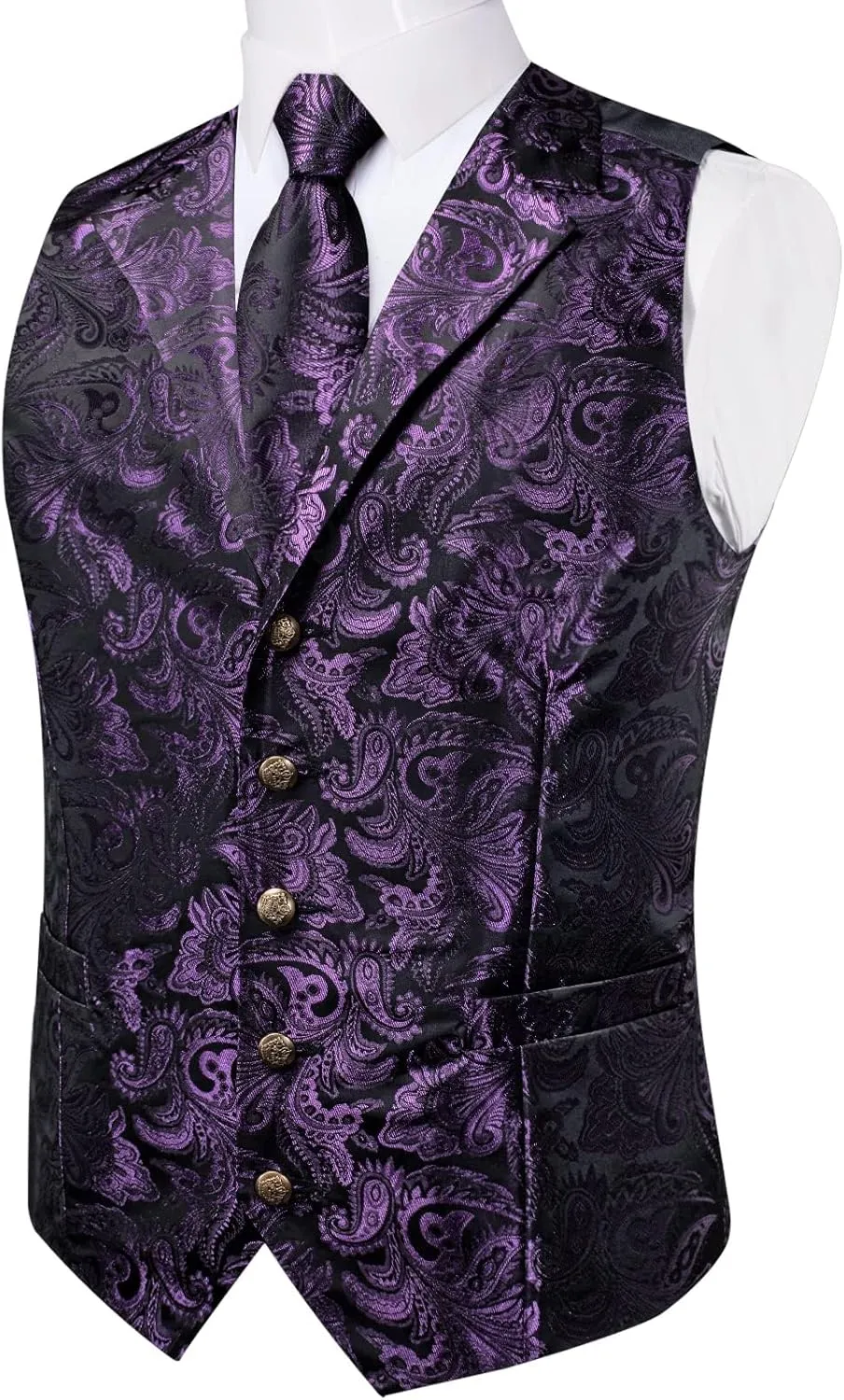DiBanGu Silk Paisley Vest for Men Wedding Waistcoat and Necktie Bowtie Lapel Pin Set 7PCS Dress Vests for Suit or Tuxedo