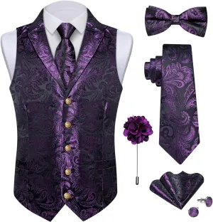 DiBanGu Silk Paisley Vest for Men Wedding Waistcoat and Necktie Bowtie Lapel Pin Set 7PCS Dress Vests for Suit or Tuxedo