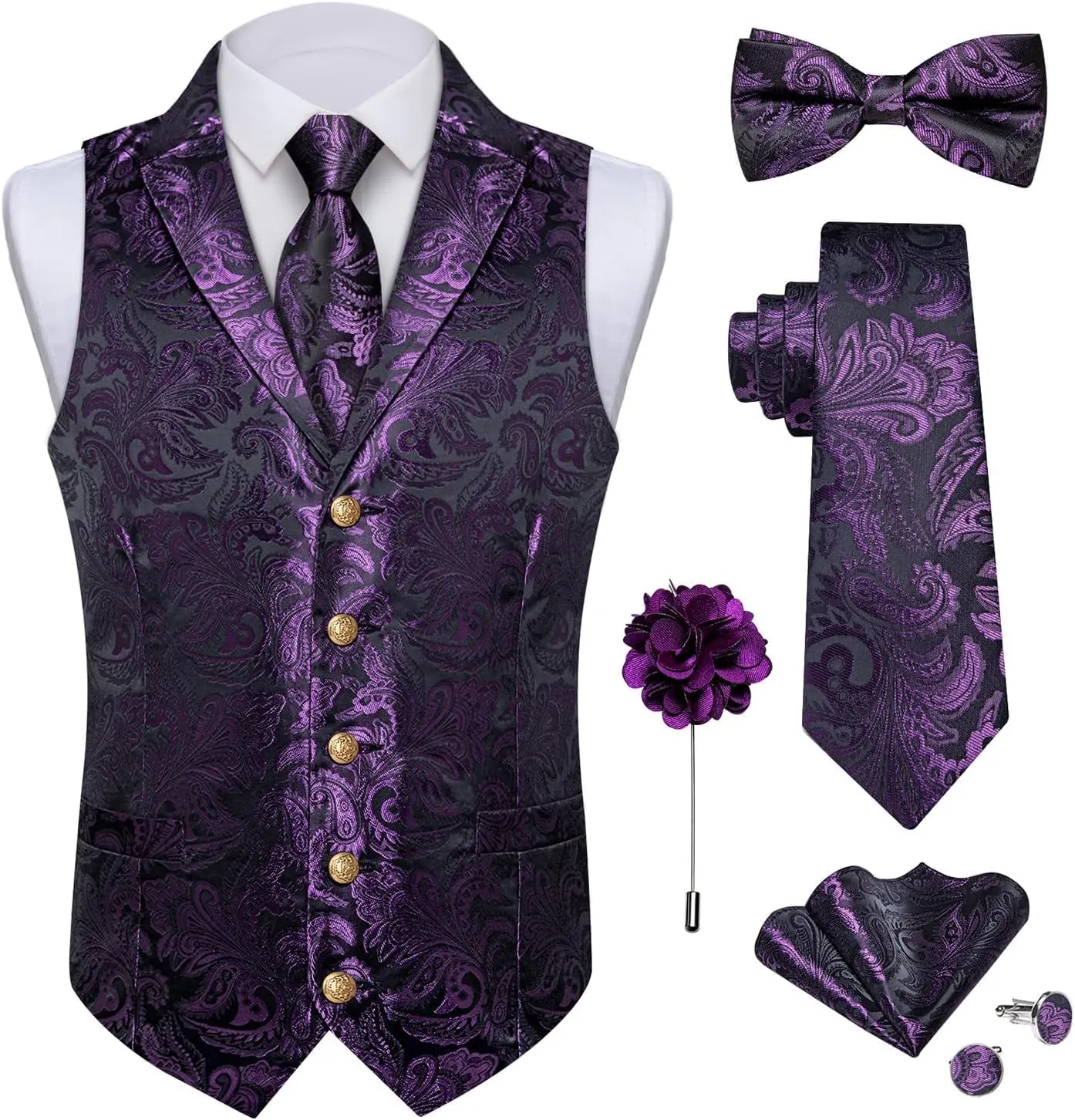 DiBanGu Silk Paisley Vest for Men Wedding Waistcoat and Necktie Bowtie Lapel Pin Set 7PCS Dress Vests for Suit or Tuxedo