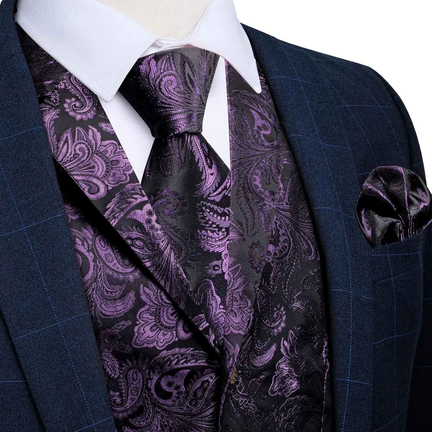 DiBanGu Silk Paisley Vest for Men Wedding Waistcoat and Necktie Bowtie Lapel Pin Set 7PCS Dress Vests for Suit or Tuxedo